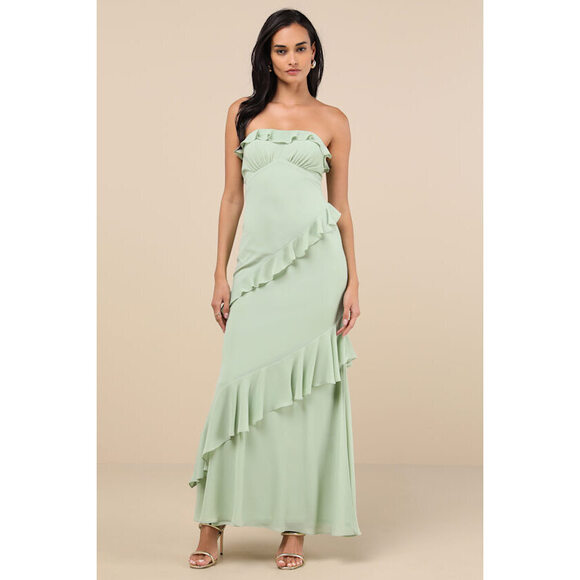 Lulus Dresses & Skirts - Lulus Dramatic Allure Sage Green Ruffled Cutout Strapless Maxi Dress - Size XL